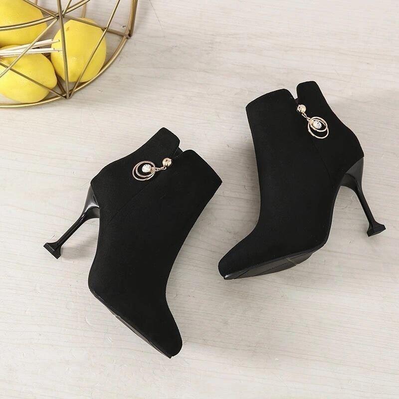 Black Pointed Toe Rhinestone Woman Short Shoes Autumn Winter Fleece-Lined Heeled Ankle Boots for Women New In Trend 2025 Booties