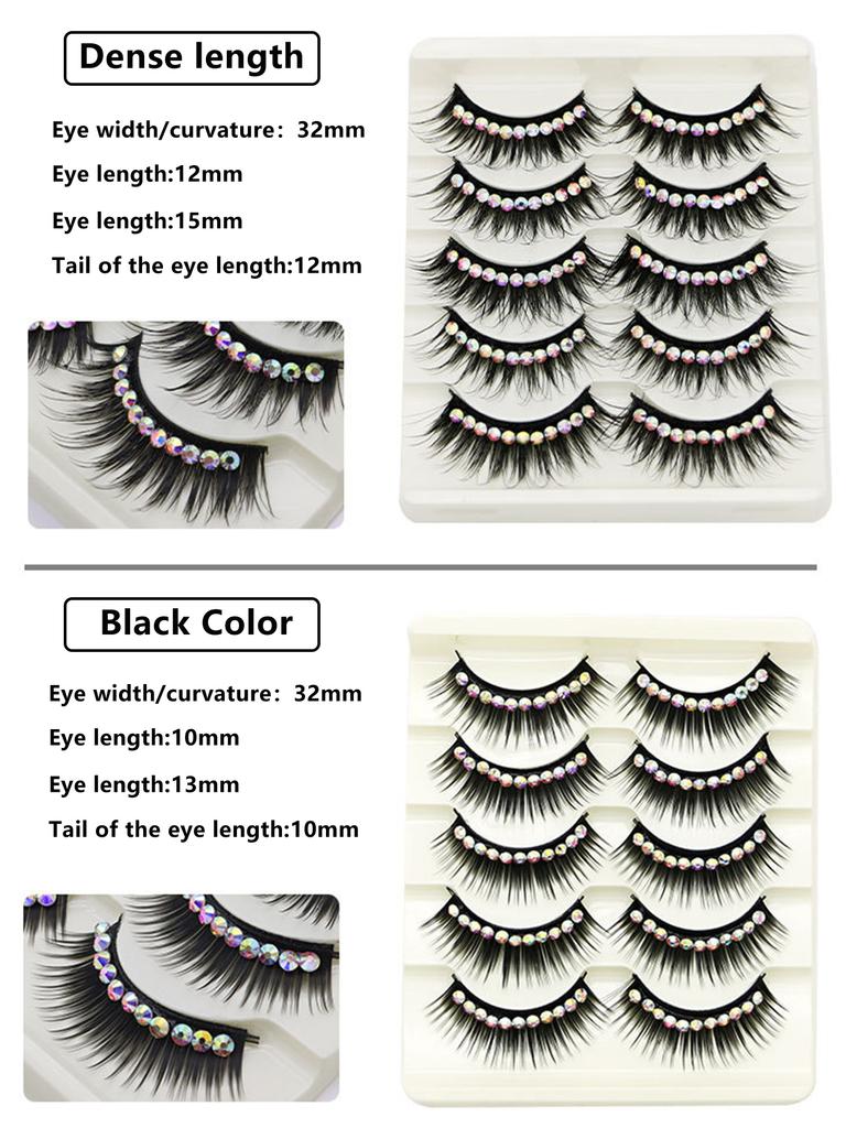5 Pairs Glitter False Eyelashes with Rhinestones Colored Dramatic Lashes Hard Strip for Costume Photoshoot