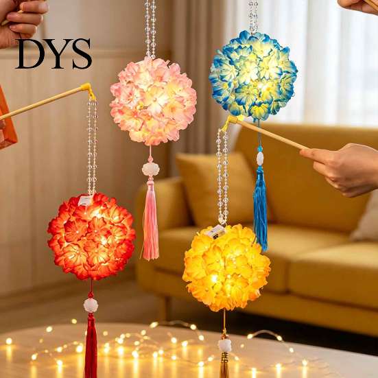 Portable LED Light Lantern Hydrangea DIY Kit, Handheld Glowing Chinese Style Flower Educational Hands on Toy Craft for Mid Autumn, Traditional