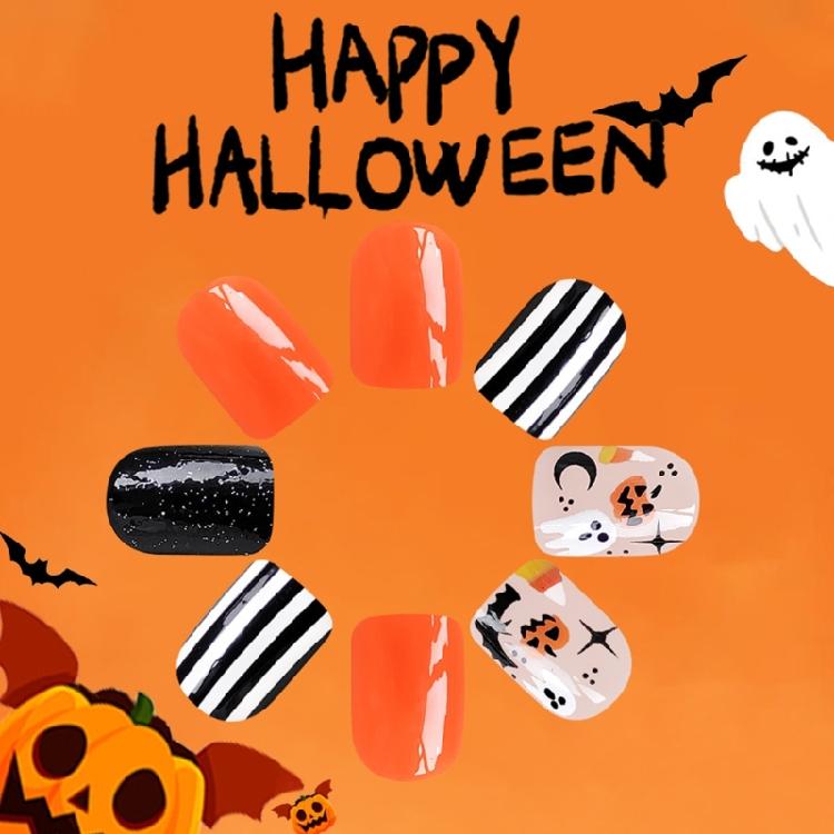 Halloween Press On Nail Plastic Artificial Nail Featuring Ghostly Stripes And Pumpkin Bat Designs For Costume Parties