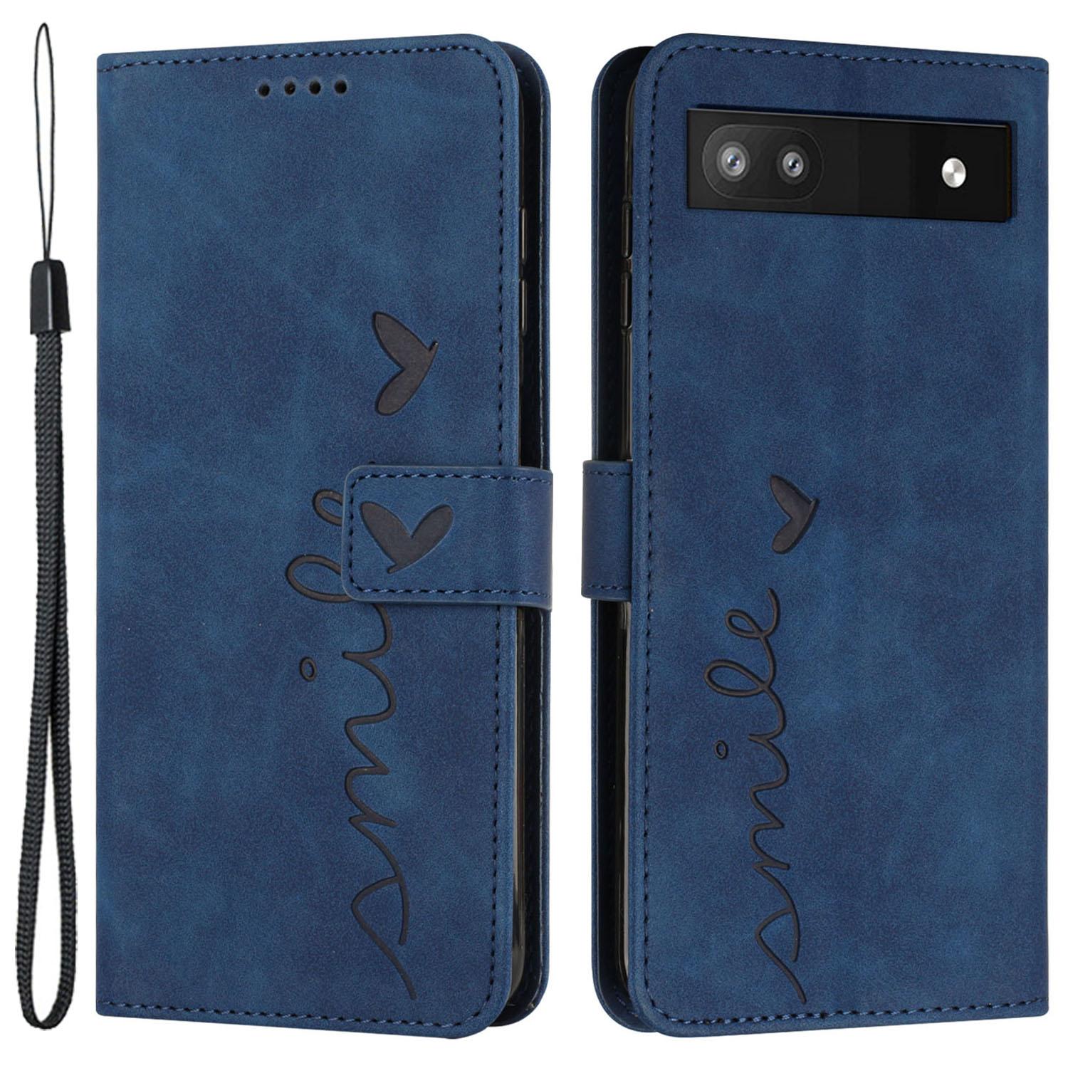 

Folio Stand Shell for Google Pixel 7a Heart Shape Imprinted PU Leather Phone Wallet Flip Case Sapphire