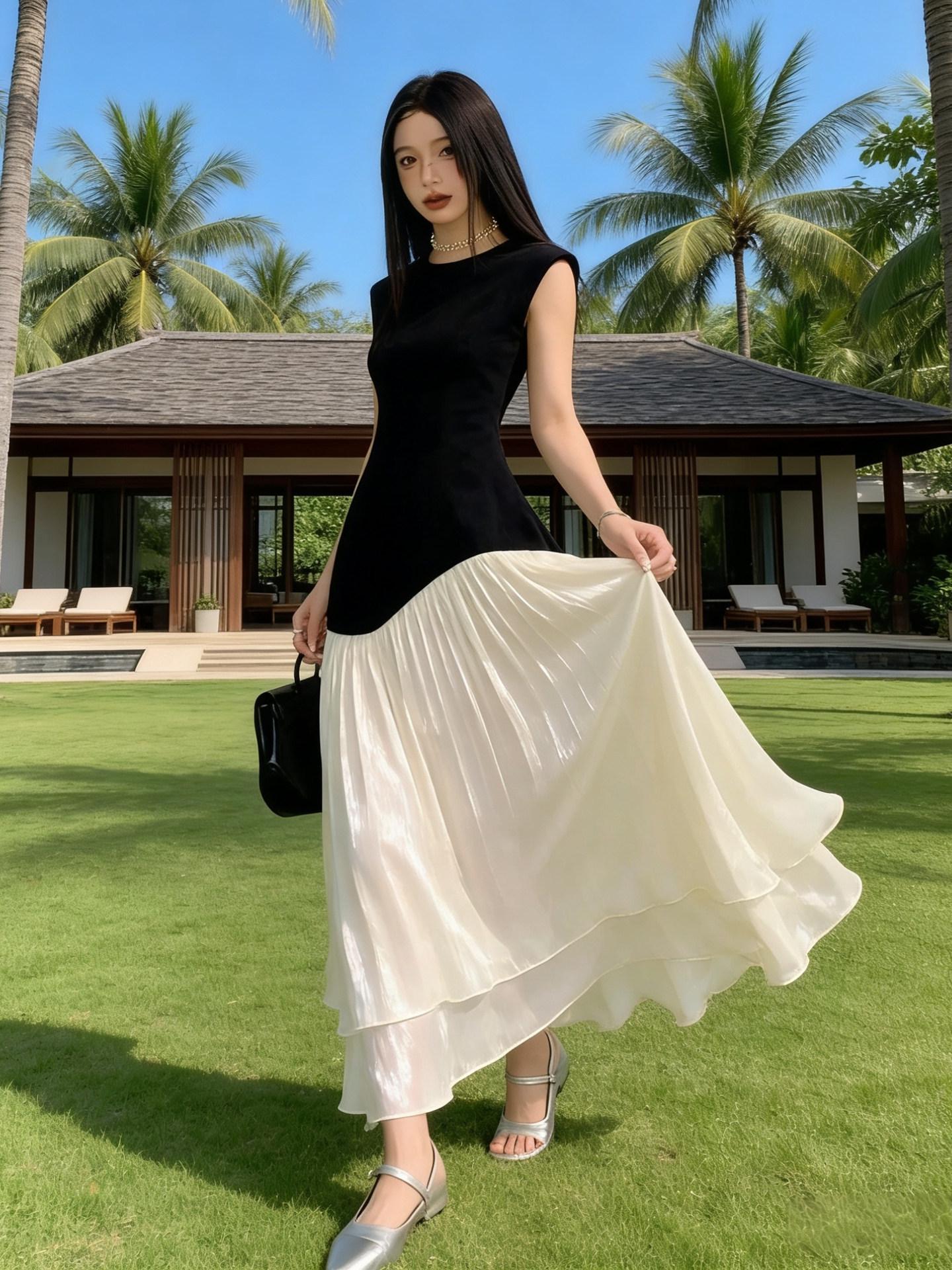 Korean Casual Sleeveless Color Block Mesh Maxi Dress - Women s Summer Slimming Style Medium