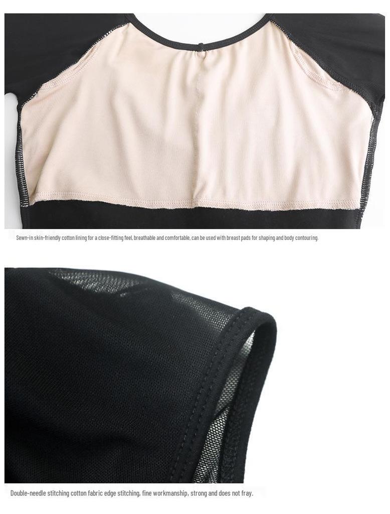 Women's Black Three-Quarter Sleeve Ballet Leotard for Dance Practice and Exams
