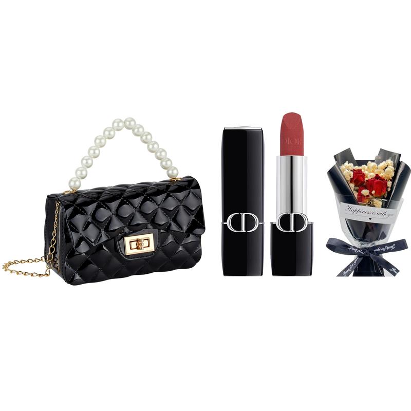 DIOR Perfume #720 3.5g velvet formal suit + baby s breath rose bouquet + pearl handbag синий