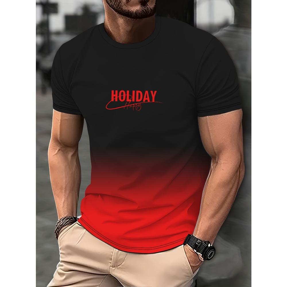 Męska koszulka z nadrukowanym napisem w gradientowych kolorach Casual T-shirt z krótkim rękawem i okrągłym dekoltem na letnie zajęcia na świeżym powietrzu Topy Odzież