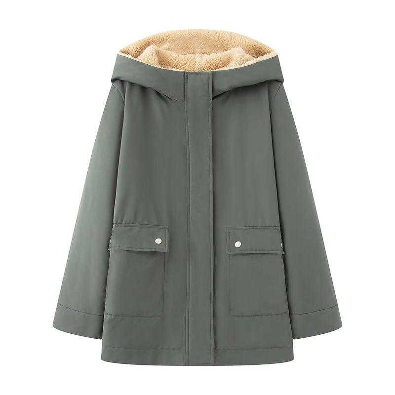 Arrival Fashion Wind Foreign Trade Women's Clothing Stylish Simple and Versatile Fleece-lined Hooded All-Matching Thickened Parka Cotton-Padded Jacket