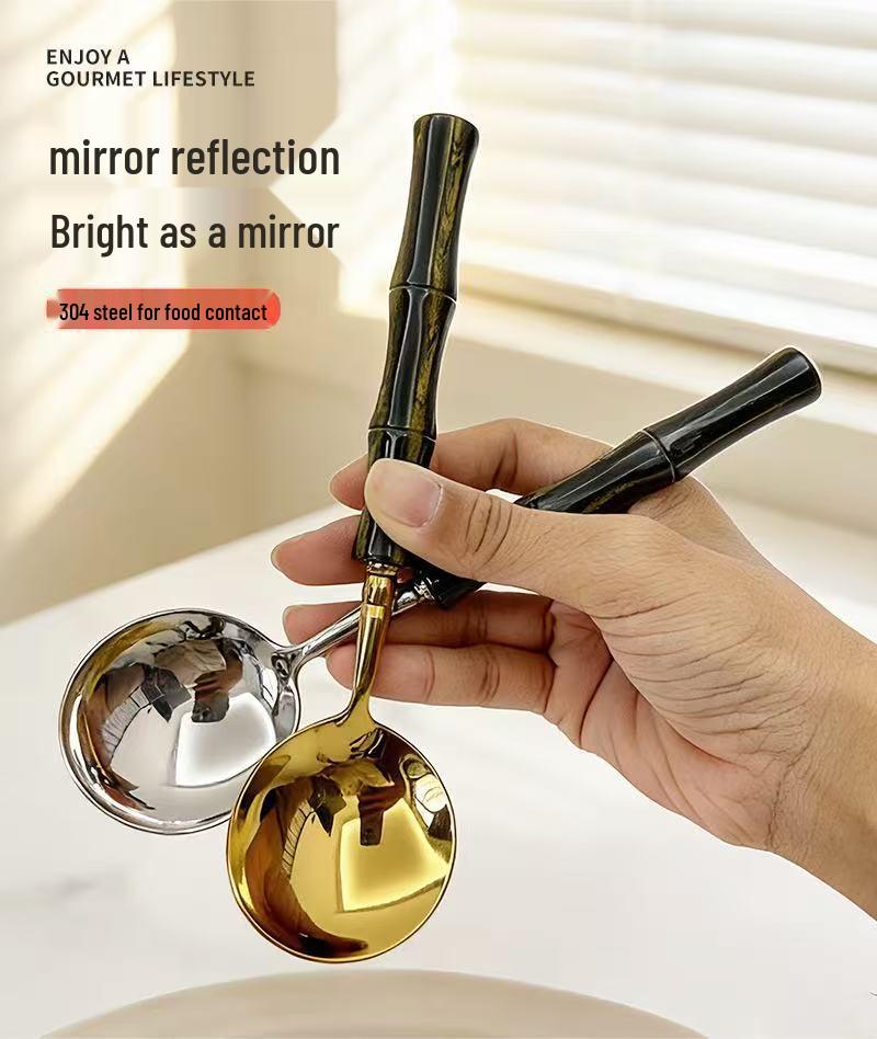 304 Stainless Steel Gold Cutlery Set with Violet Acrylic Bamboo Joint Handles: Includes Knife, Fork, and Spoon for Hotel Light Luxury Use.