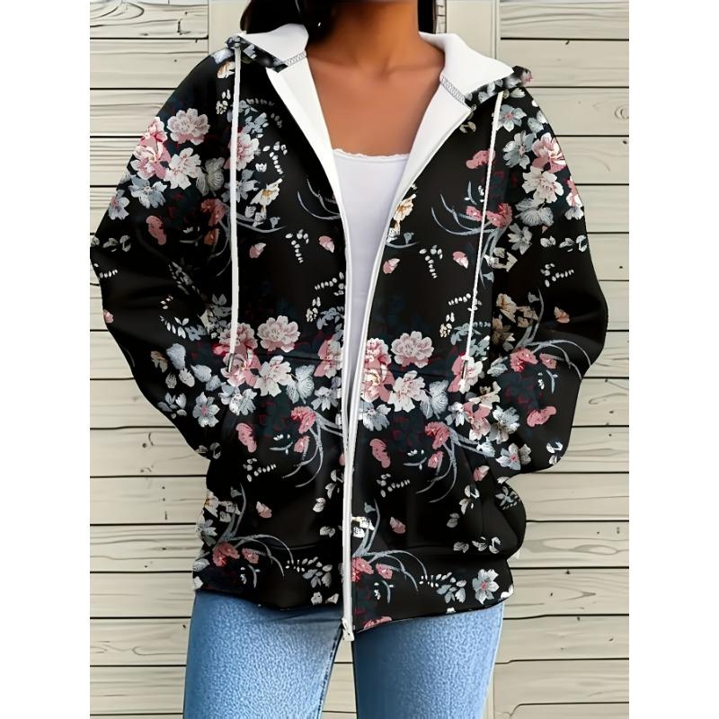 Women's New Style, Floral Print, Zipper Hoodie with Adjustable Drawstring for Comfortable Casual Wear