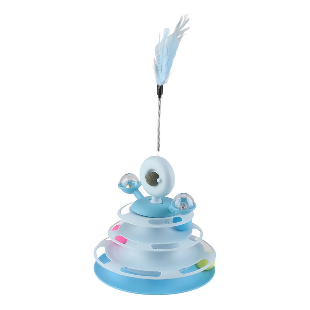 Blue 4-Layer Cat Ball Tower Toy with Feather & Catnip for Exercise