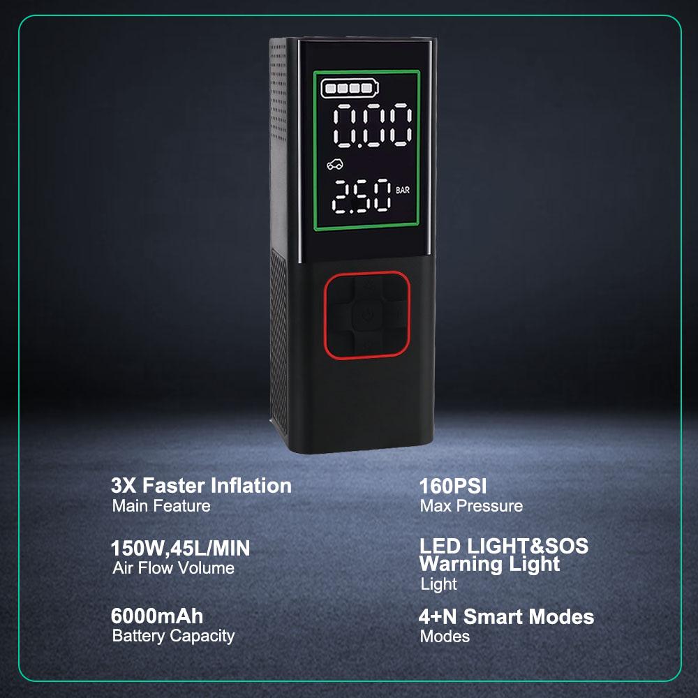 Portable Inflator Tire Pressure Test Tire Air Pump 150W 6000mAh 160PSI Car Air Compressor With LED Flashlight Digital for Motorcycle Bicycle Ball