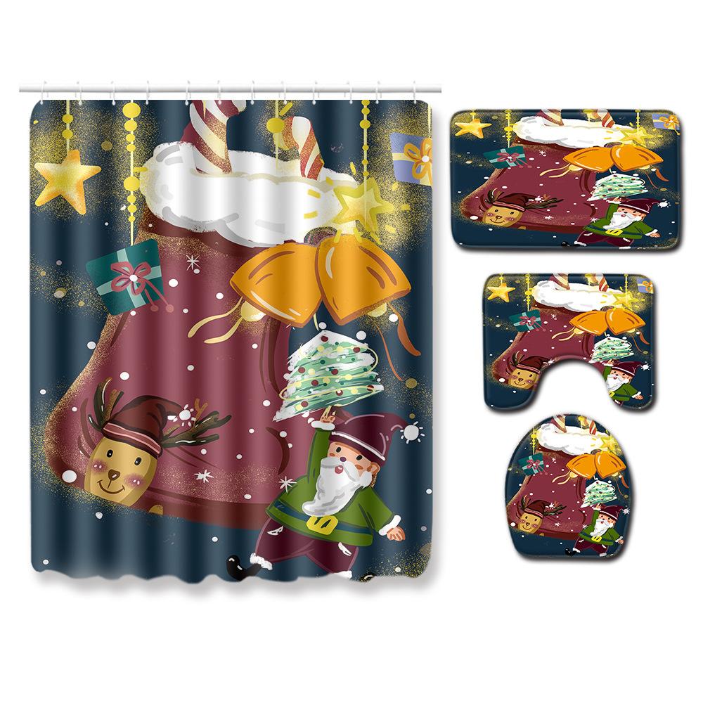 Christmas Shower Curtain Floor Mat Combination Four-Piece Set Bathroom Toilet Carpet Shower Room Mat Foot Mat