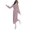 J-Scott Flared Knit Dress, Long Length, Puff Sleeves, Waistline, Pleated Skirt, Pink (JS28-PK-L) - Limited Stock
