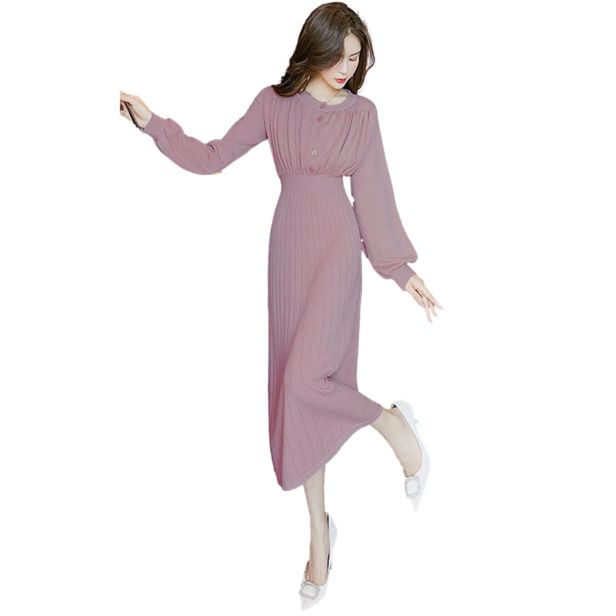

J-Scott Flared Knit Dress, Long Length, Puff Sleeves, Waistline, Pleated Skirt, Pink (JS28-PK-L) - Limited Stock