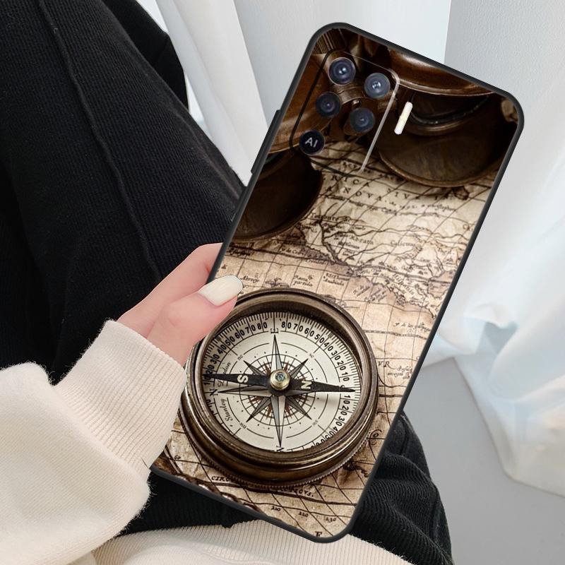 World Map Compass Nautical Case For Oppo A54 A74 A94 A18 A57 A17 A77 A38 A58 A78 A98 A80 A60 A40 A96 A76 A16 A15 A5 Pro