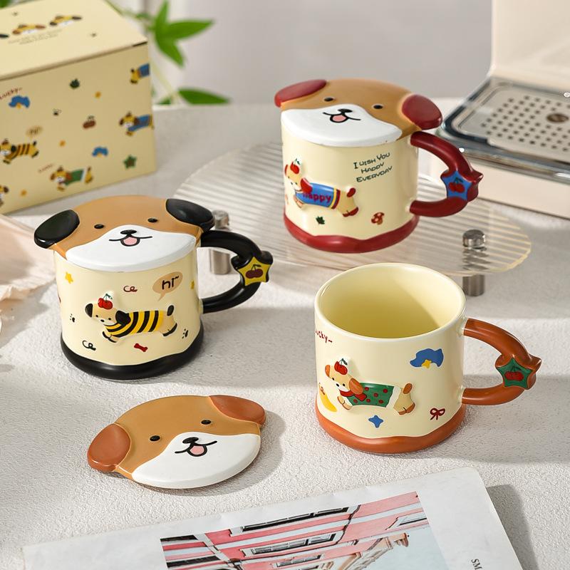 Dachshund Dog with Lid Ceramic Mug Couple Cute Office Water Cup Female Office Worker Particularly Beautiful Cup