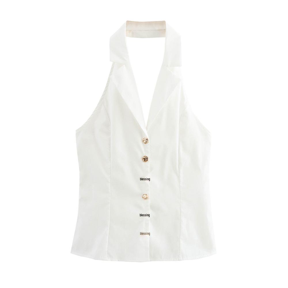 

2025 Spring Women s Single-Breasted Versatile Slim Fit Halter Top S