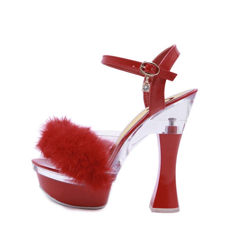 Women's Sandals 14cm High Heel Fluffy Sexy Thick Heel Rhinestone Metal Buckle Fairy 10365 Series 14cm Heel 4cm Platform LFD