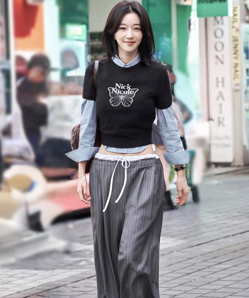 Nigaennikol Stripe Layered Pintuck Slacks_Charcoal