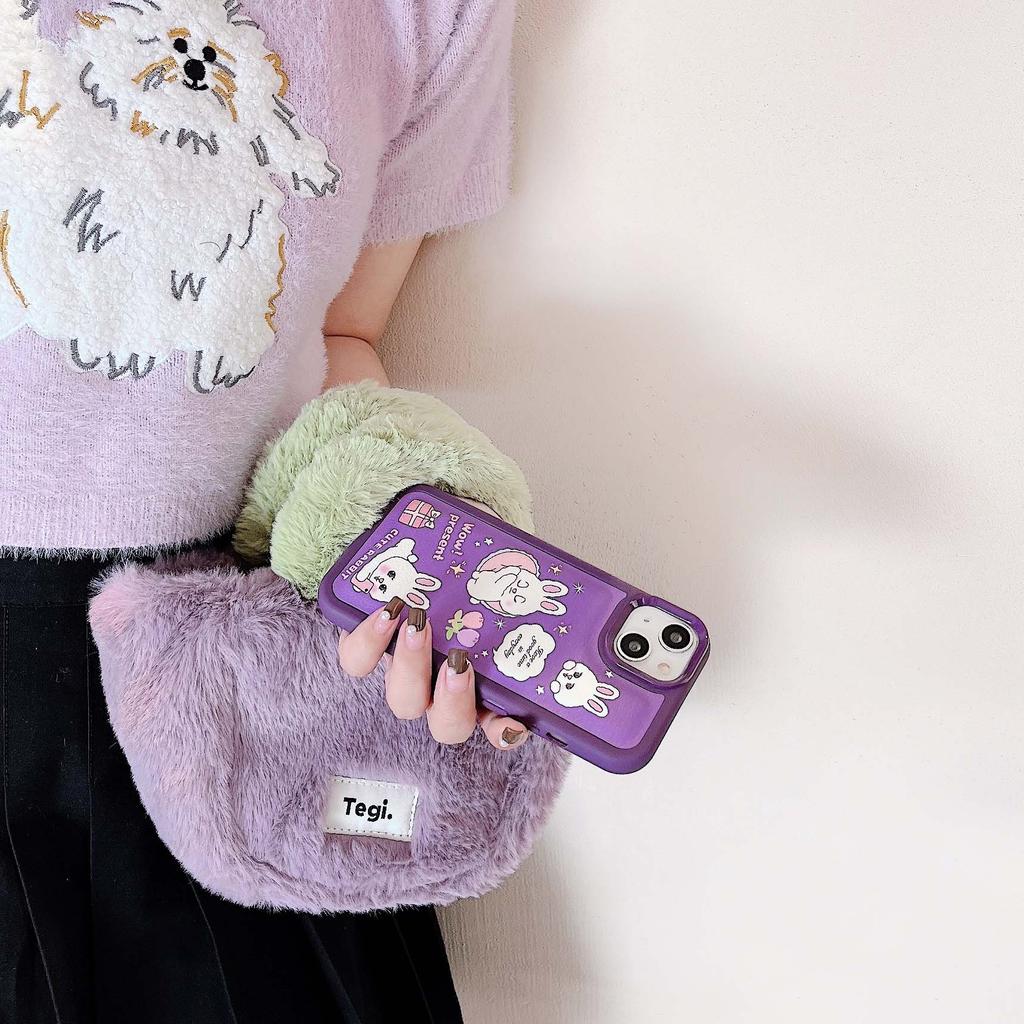 Ins Rabbit Purple Bunny Cartoon Leather Silicone Soft Cute Phone Case For Iphone 11 12 13promax 14 Pro Max Plus Xsmax X Xr Cover