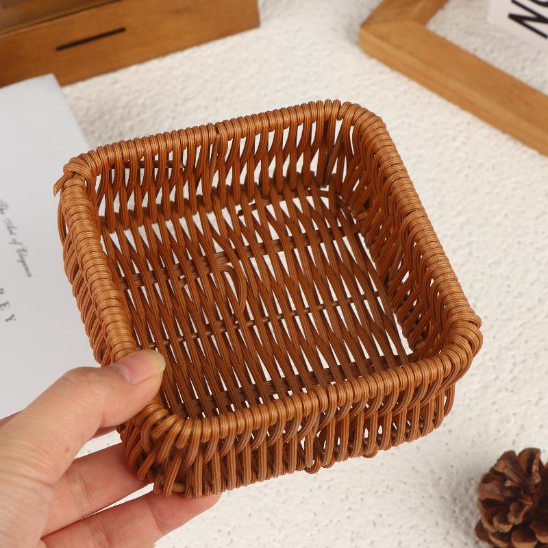 Imitation Rattan Wicker Basket Fruit Tea Snack Bread Basket Cosmetic Square Storage Box Household Kitchen Supplies