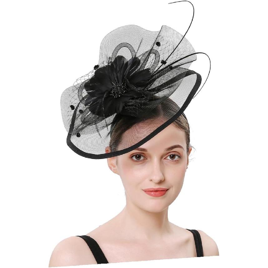 Ipetboom Women’s 1920s Decorative Headpiece with Veil Plume Hair Clip and Headband, Black Tea Party Hat for Wedding Cocktail and Special Occasion
