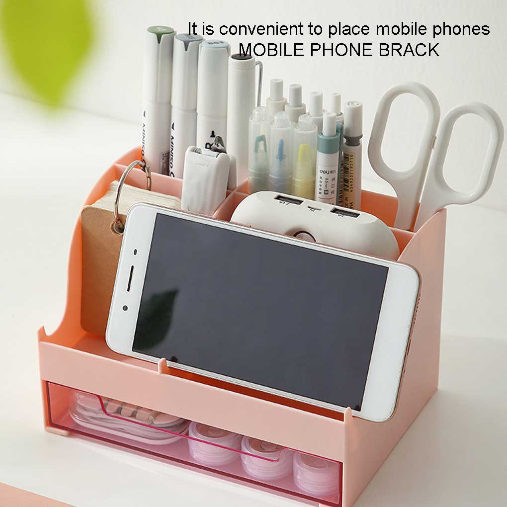 Remotes Pens Pencils Booklets Table Organizer with Drawer Home Office Makeup Tool Stationery Storage Box Phone Stand