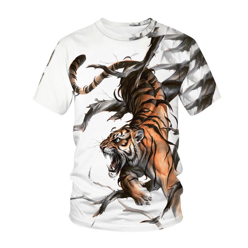 3D Digital Tiger Head Printed Men's T-shirt Round Neck Casual Men's Adult Short Sleeved Shirt