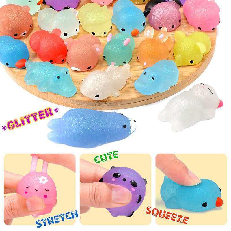 Favorite Toy 10Pcs Glitter Mochi Squishy Toys Animals Squeeze Fidget Sensory Adhd Autism Anxiety Kids Party Favors Stocking Stuffers Gifts