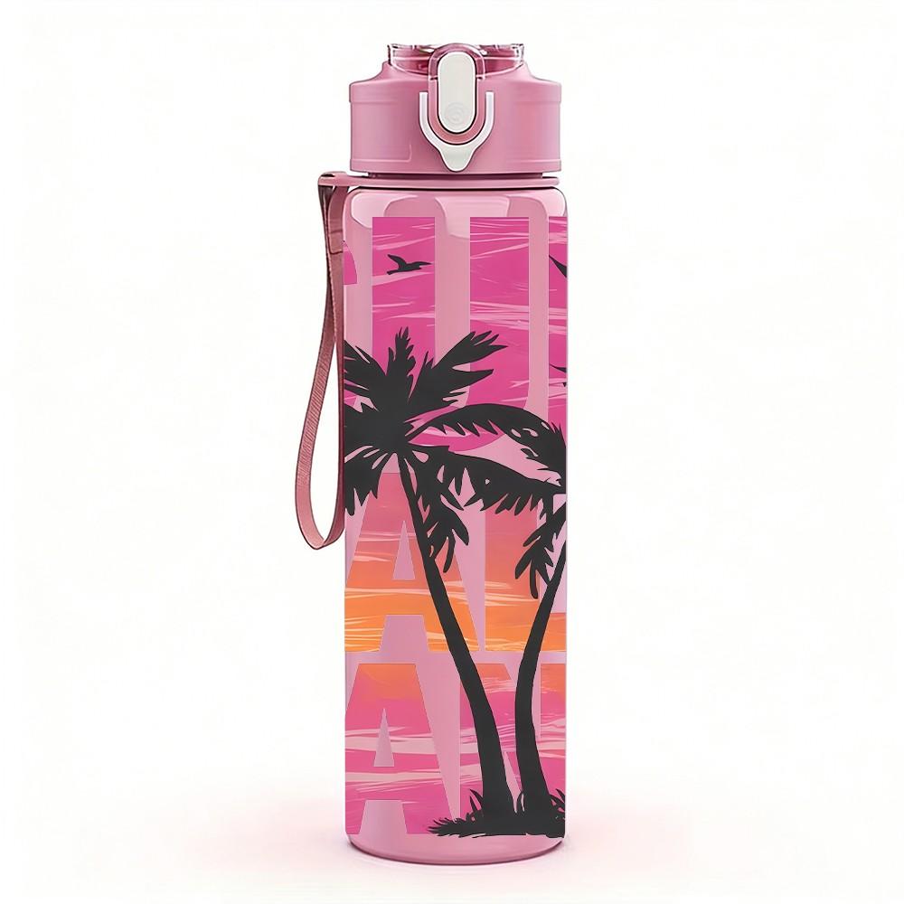 1PC Sun Salt Sand Palm Tree Summer Beach Art 750ml Color Plastic Sports Water Bottle Leakproof Flip Straw Lid Suitable for Sports Office Home Use
