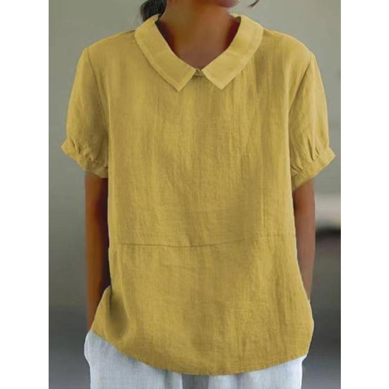 Solid Color Lapel Pullover Shirt Women Summer Short Sleeve Blouse Comfortable Casual Simple Style