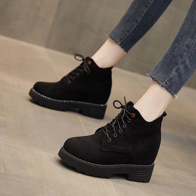 

High heel spring, autumn and winter thickened sole inner height increase Martin boots women s shoes short boots small short tube velvet snow boots 34