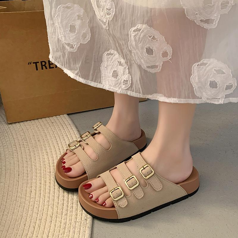 Fashion Shoes Women Female Slippers Platform Low Flock Slides Fashion Soft 2025 Beach Luxury Rome Hoof Heels Rubber Casual PU Fabric