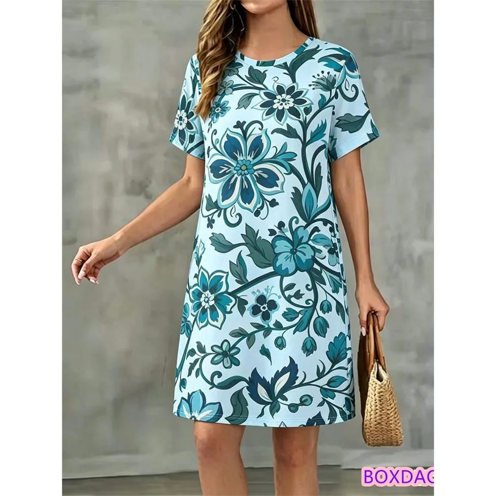 Flower Print Versatile Short-sleeved Dress Comfortable Simple Casual Dresses