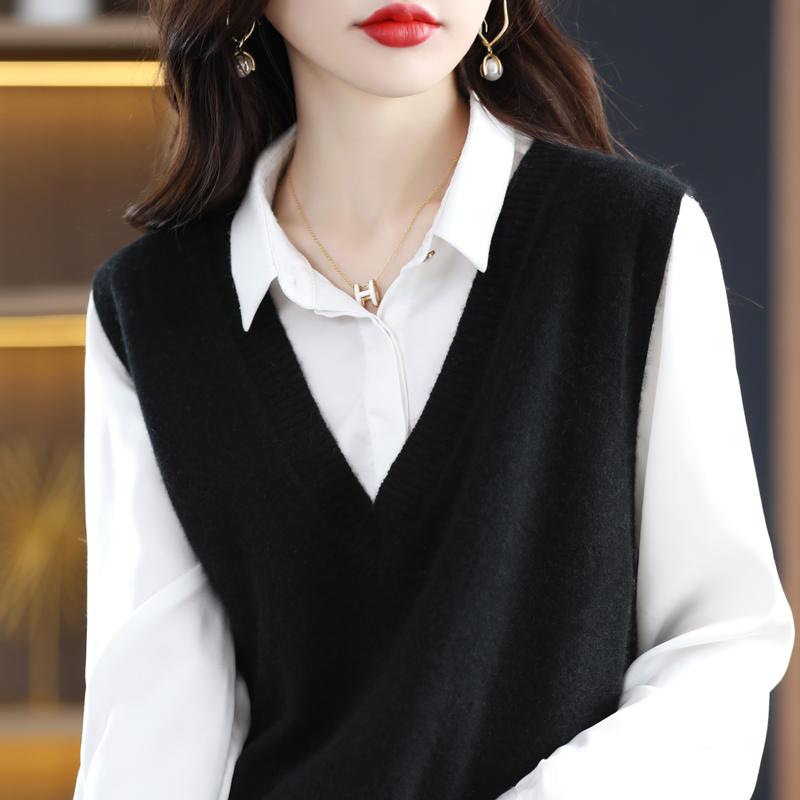Dámská vesta s výstřihem do V, kašmír Qinghe, 30 % kašmír 70 % vlna, zimní pletený svetr podzimní svetr kašmírový svetr