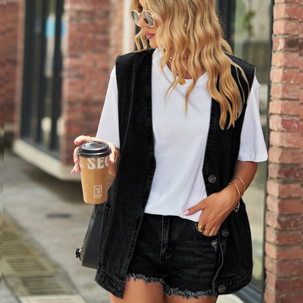 YYFS Damenmode Denim Herbst und Winter ärmellose lässige Top-Jacke