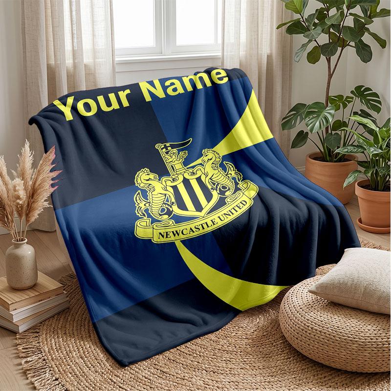 Newcastle United FC Custom Name Text Flannel Blanket Soccer Logo Personalized Fleece Throw Blanket Special Gift For Sofa Bedroom Home