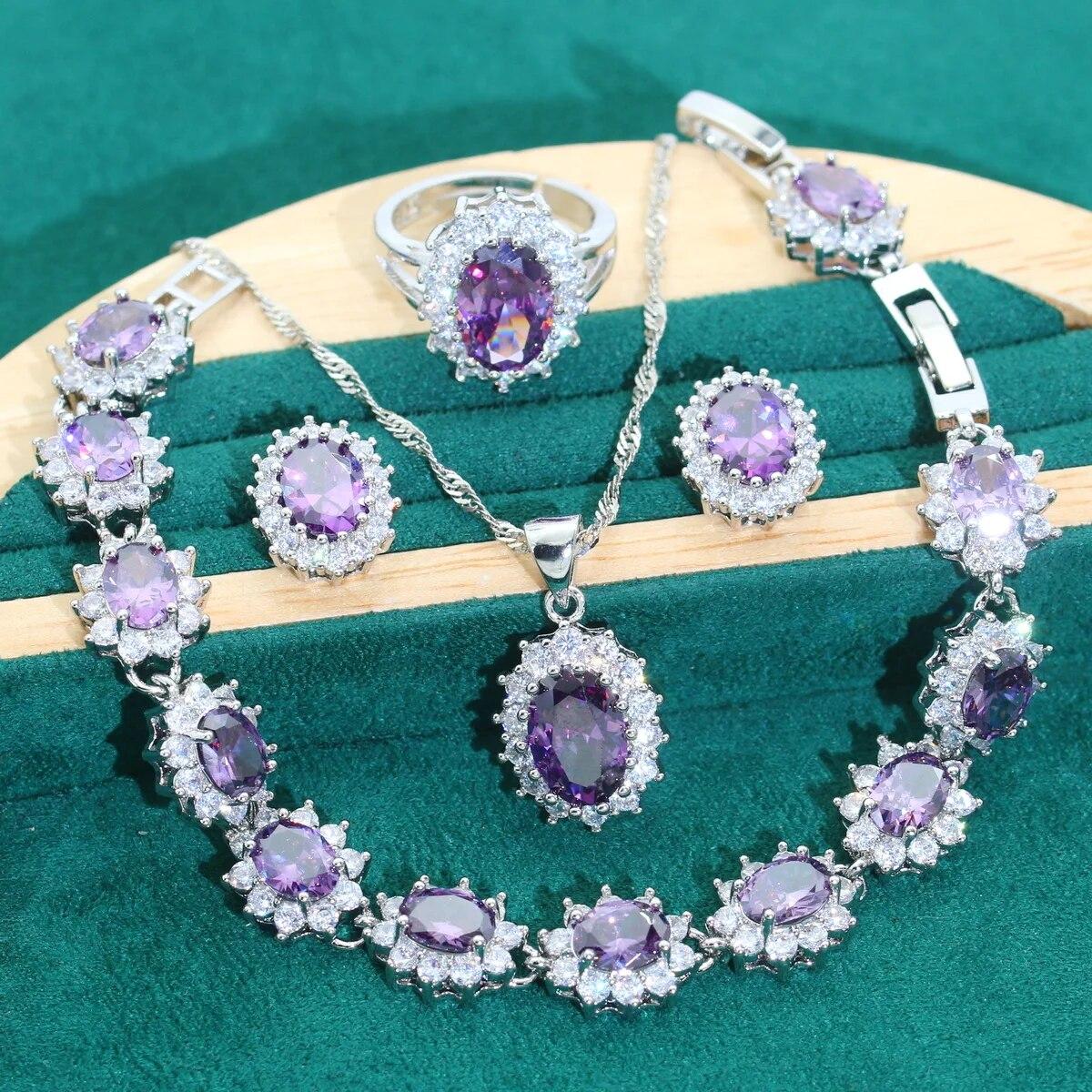 

Ювелирные наборы из серебра 925 пробы для женщин, фиолетовые, синие, зеленые серьги с цирконом, ожерелье, кулон, открытое кольцо, браслет, подарки для свиданий