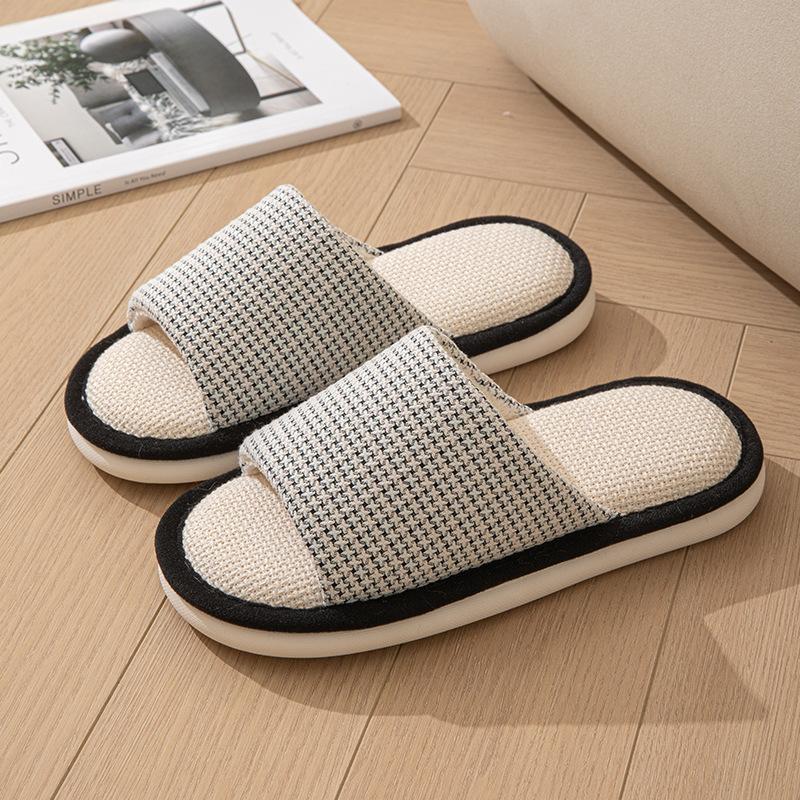 Elegant Hairy Slippers Small Perfume Style Linen Slippers Indoor Sandals Slippers Plaid Simple Fabric Cotton Slippers Female Home Shoes Slippers Pink
