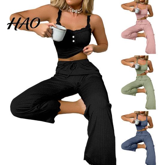 Women Pajamas 2 Pcs/Set Pants Top Suit Low-cut V Neck Sleeveless Solid Color Shirring Drawstring High Sleepwear Set Elastic Waist Lace Summer Homewear