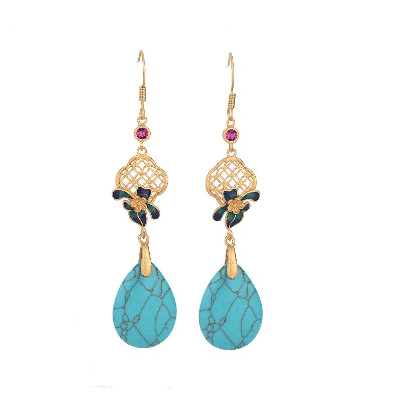 Bohemian Turquoise Drop Dangle Earrings Gemstone Ethnic Ear Hook 18K Gold Plated