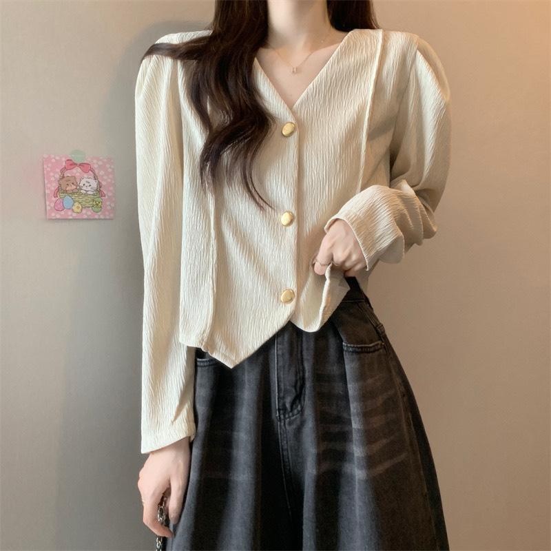 

Дизайн В-образный вырез Вязаный кардиган Женский Осень Зима Молодежный Приталенный Цветной блок Пышный Длинный рукав Укороченный топ One Size абрикосовый