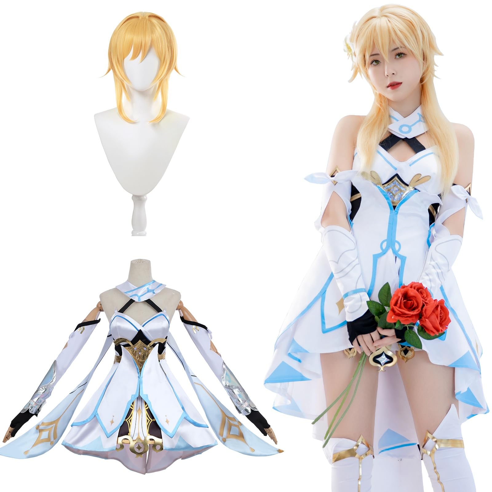 

Genshin Lumine Cosplay Costume with Honorable Knight Traveler Full Adult Costume for School Genshin Impact with Size [Excellent Quality] Wig, (Little