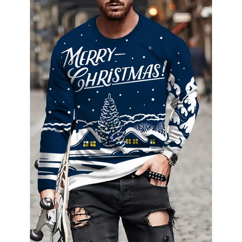 Men's T-Shirt Santa Claus 3D Print Christmas Men's Long Sleeve T-Shirts Casual Pullover Top Holiday Comfortable Men's Clothing