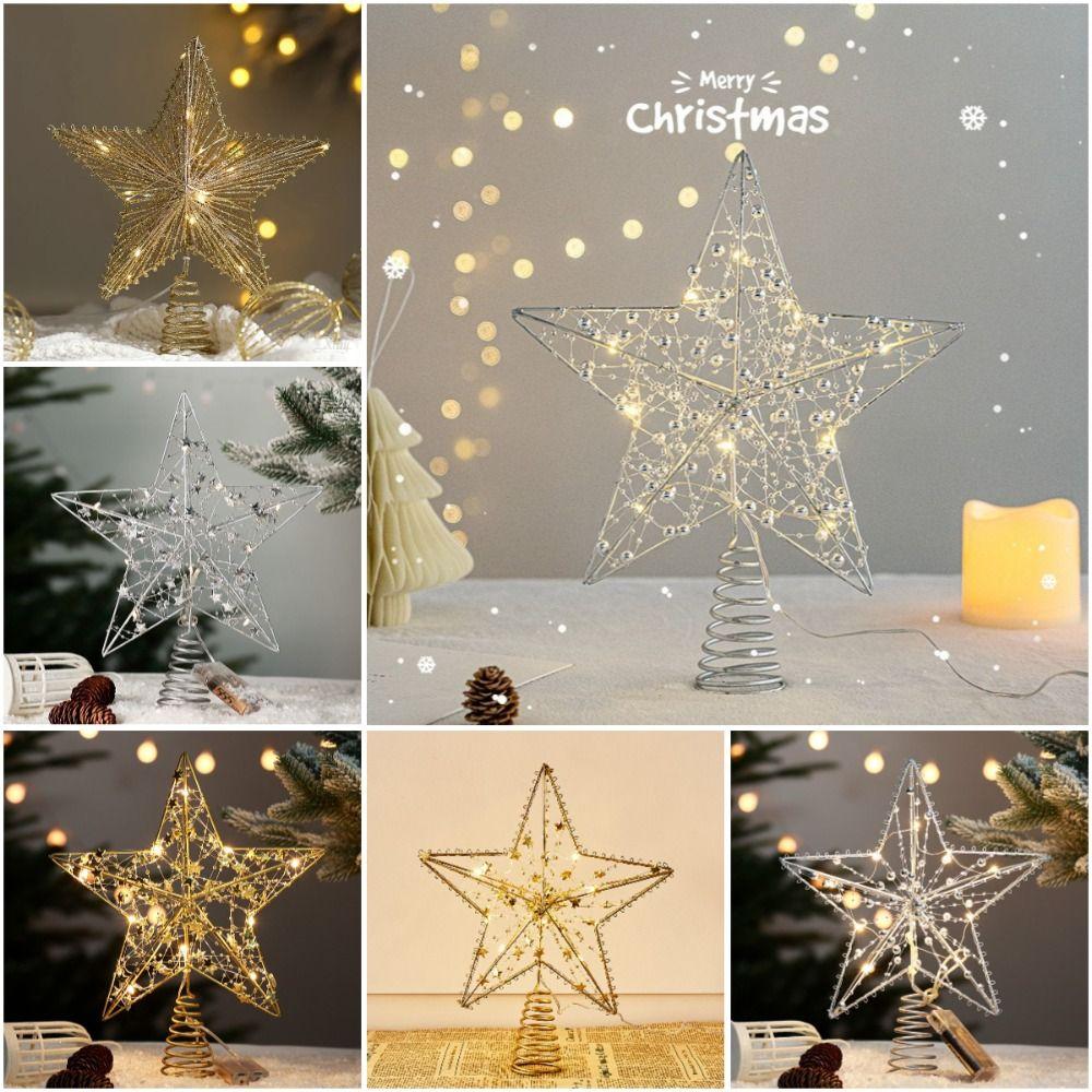 Gold Iron Xmas Tree Ornaments Pearl Wire LED Glowing Star Lamp New Home Decoration Party Decor