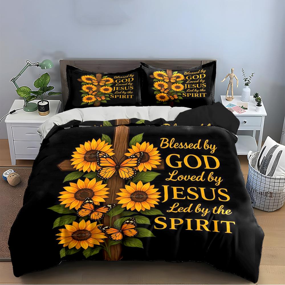Blessed by God Cross Sunflower Bedding Set Bedding Set (1 Duvet Cover, 2 Pillowcases, Duvet Not Included)