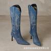 Designer ethnic style embroidered high knight boots leather thin V-mouth western cowboy boots pointed stiletto boots