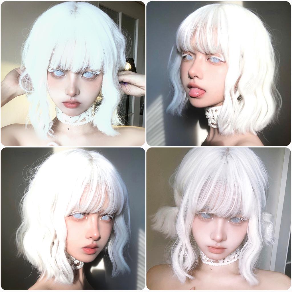 EASIHAIR Short White Bob Synthetic Wigs Short Wavy Lolita Natural Hair Wigs with Bangs for Women Heat Resistant Cosplay Wig