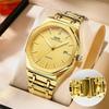 Men's Quartz Business Watch Gold Stainless Steel 40mm Round Octagonal Bezel with Calendar and Luminous Hands