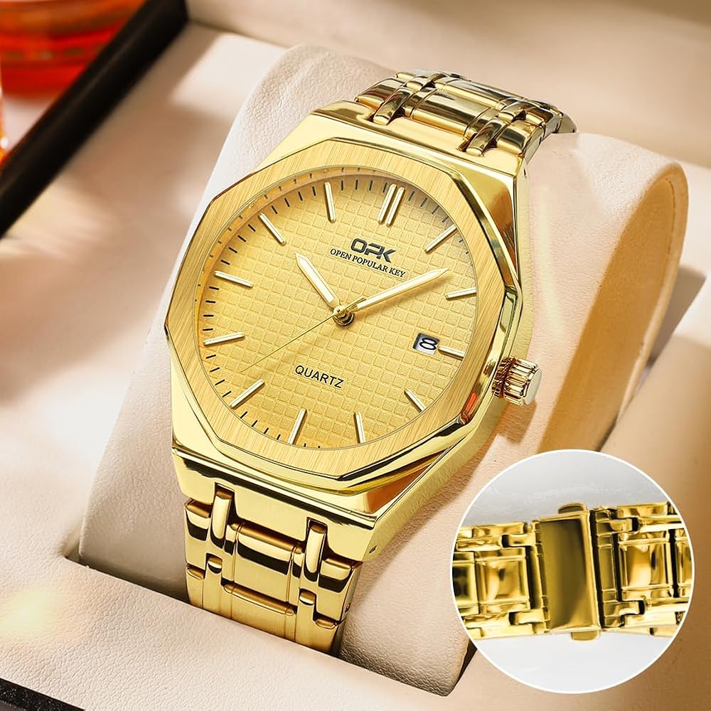 Men's Quartz Business Watch Gold Stainless Steel 40mm Round Octagonal Bezel with Calendar and Luminous Hands