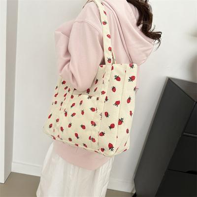 Forest Fresh Corduroy Handbag Strawberries Sweet Versatile Shoulder Bag Large Capacity Commuter Women'S Tote Bag